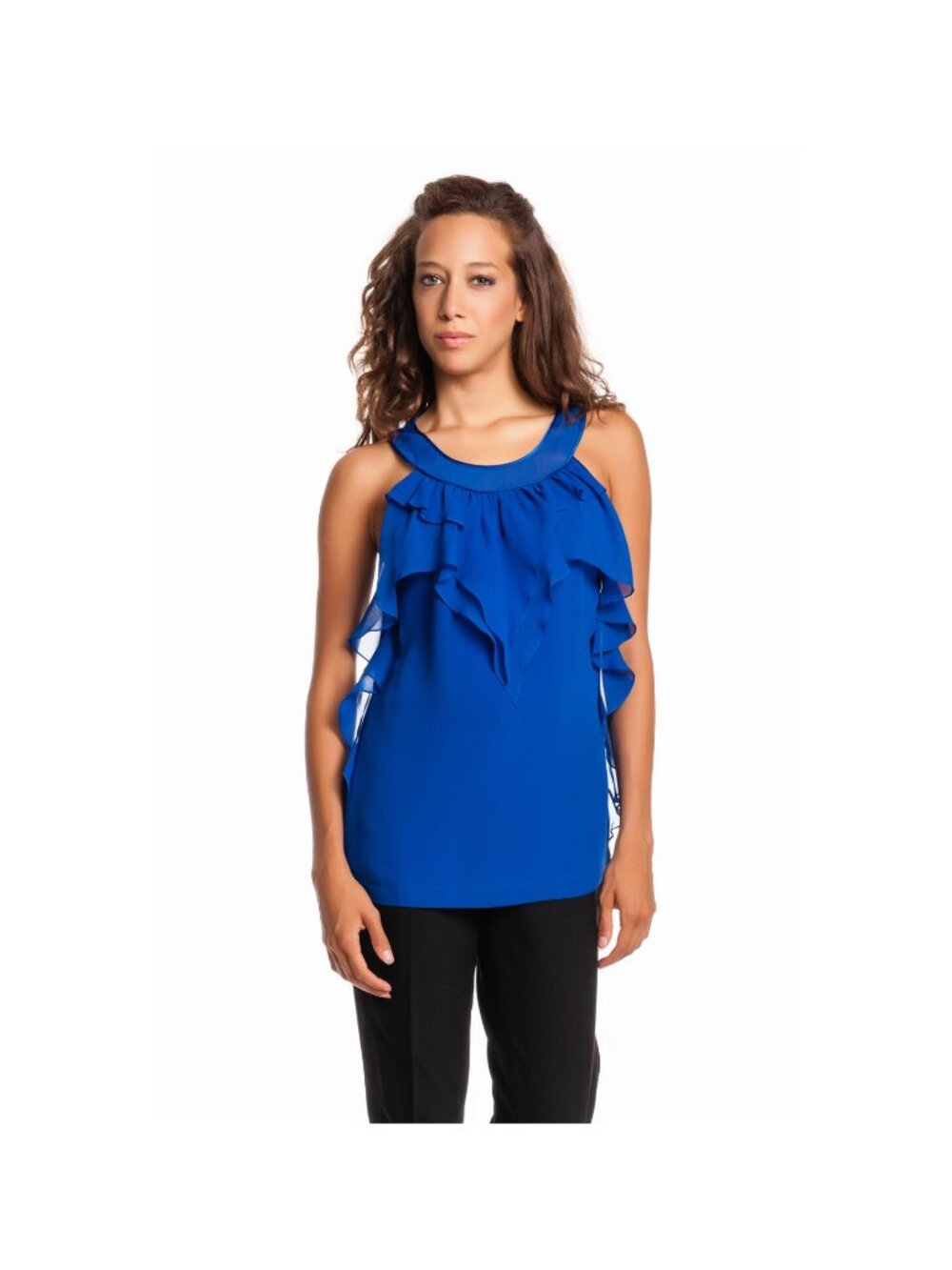 Robert Rodriguez Ruffle Halter Top Electric Blue Silk Sheer Tank Blouse NWT